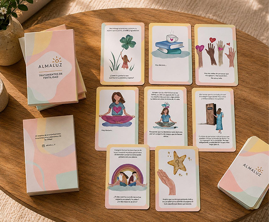 Cartas Almaluz dispuestas sobre una mesa para taller grupal